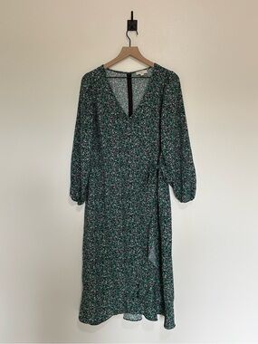 Ann Taylor LOFT Ditsy Garden Floral Print Faux Wrap Midi Dress Boho Green 14